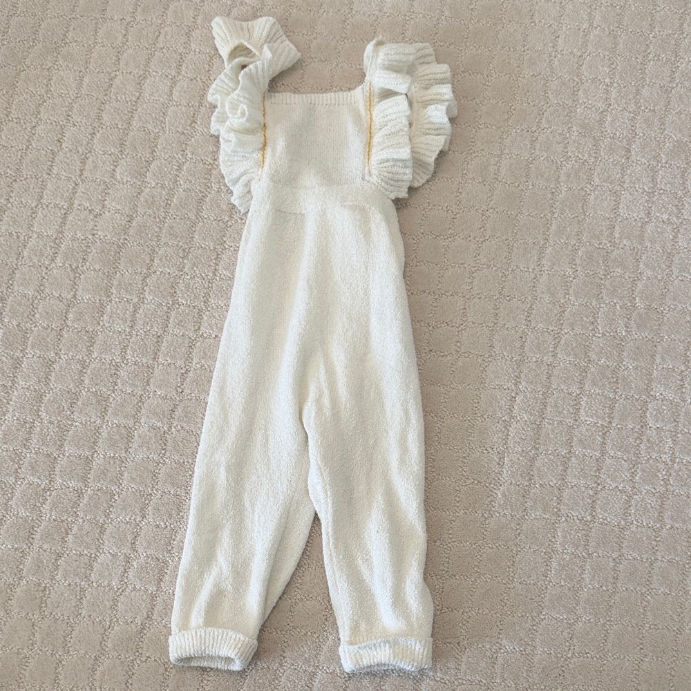 Cream Ruffled Strap Knit Romper - Kids Bottoms
